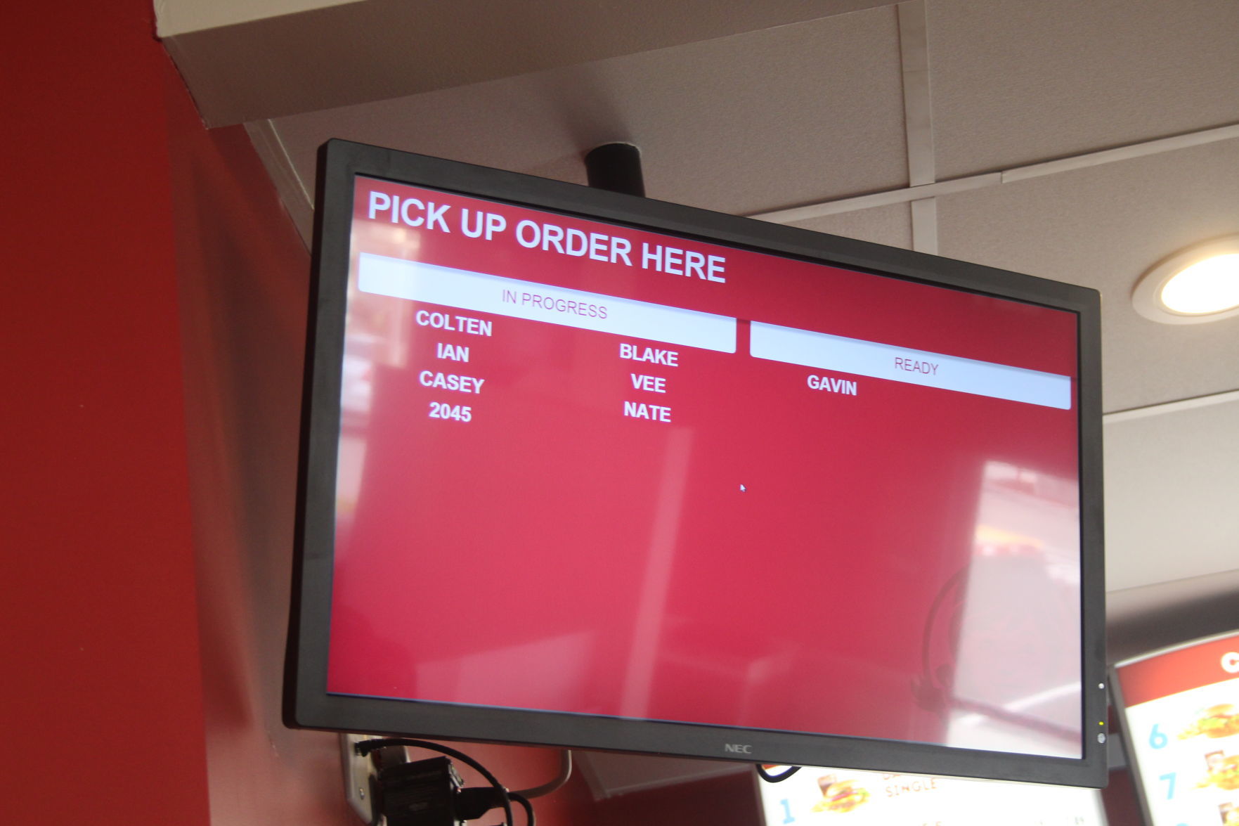 Order status screen